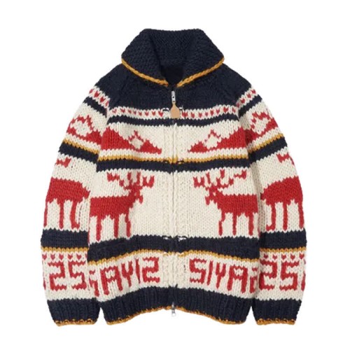 Colorblock Christmas Print Zipper Cardigan Sweater