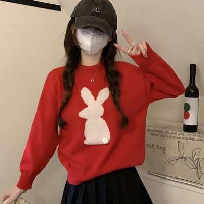 Cartoon Bunny Print Round Collar Red Knit Sweater