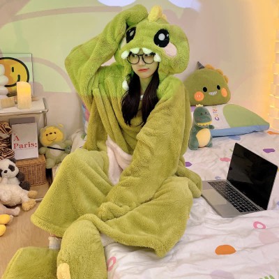 【50% OFF】Funny Cartoon Dinosaur Plush Hooded Jumpsuit Pajamas Dress