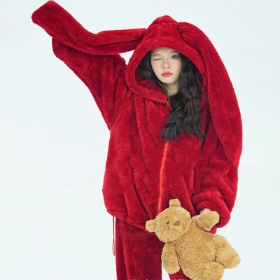 Lovely Long Bunny Ears Hooded Zipper Plush Pajamas Set