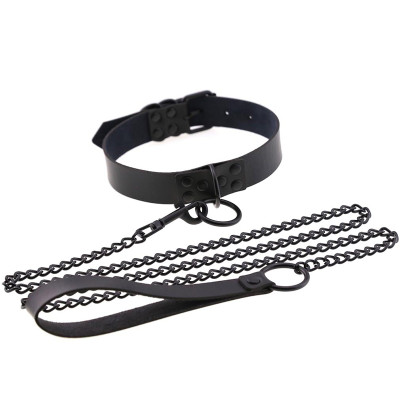 Dark Leather Collar With Chain Fashion Chocker