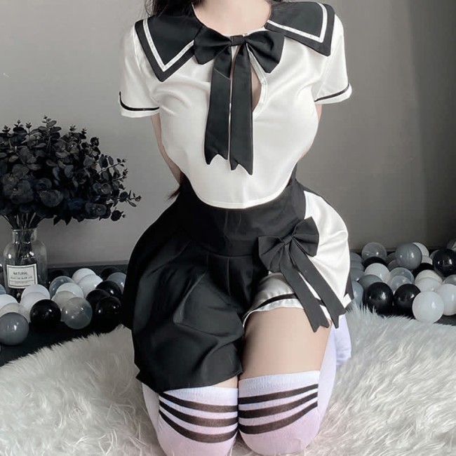 Hollow Out Bowknot JK Uniform Lingerie Stockings Set