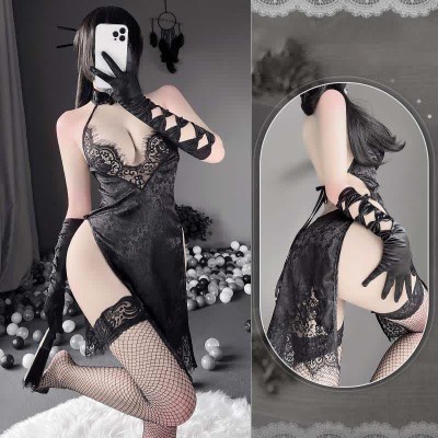 See Through V-neck Lace Halter Cheongsam Dress Lingerie