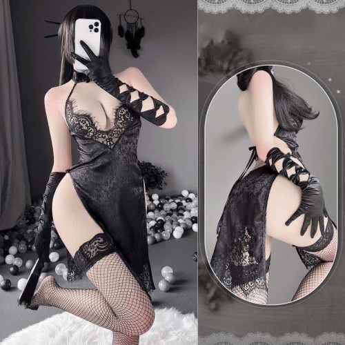 See Through V-neck Lace Halter Cheongsam Dress Lingerie