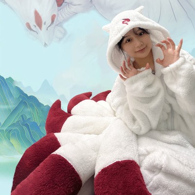 Nine-tailed Fox Plush One-piece Hooded Pajamas