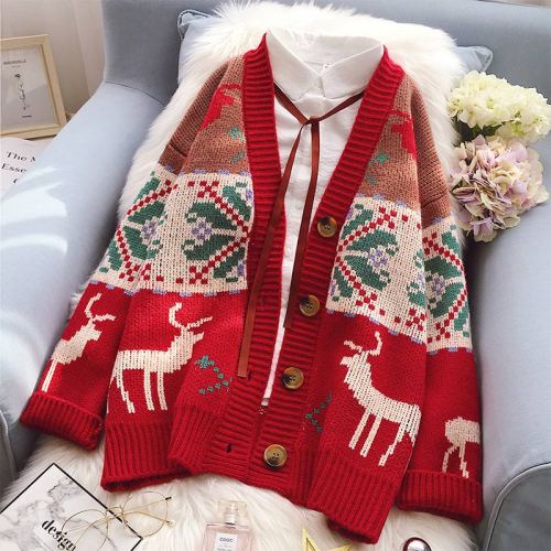 Cute Christmas Elk Print Outwear Sweatshirt