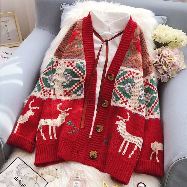Cute Christmas Elk Print Outwear Sweatshirt