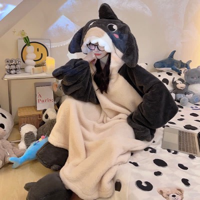 【50% OFF】Funny Cartoon Shark Plush Hooded Jumpsuit Pajamas Dress