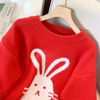 Cartoon Bunny Print Round Collar Loose Sweater