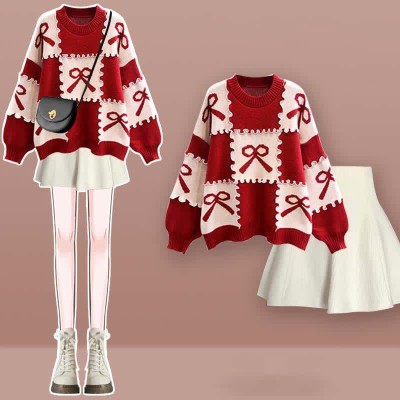 Bow Knot Print Colorblock Sweater Plaid Pleated Skirt Two Pieces Set