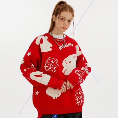Cartoon Rabbit Letter Print Round Collar Loose Sweater