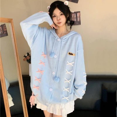 Antler Lace Up Hooded Loose Cardigan Sweater