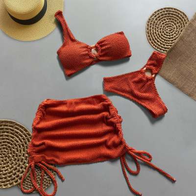 Fashion one-shoulder sexy two-piece swimsuit solid color shirred skirt three-piece set