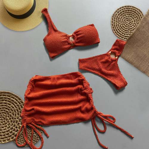 Fashion one-shoulder sexy two-piece swimsuit solid color shirred skirt three-piece set