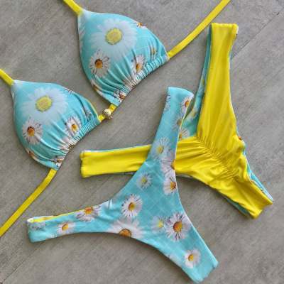 Sunflower pattern strappy two-piece bikini