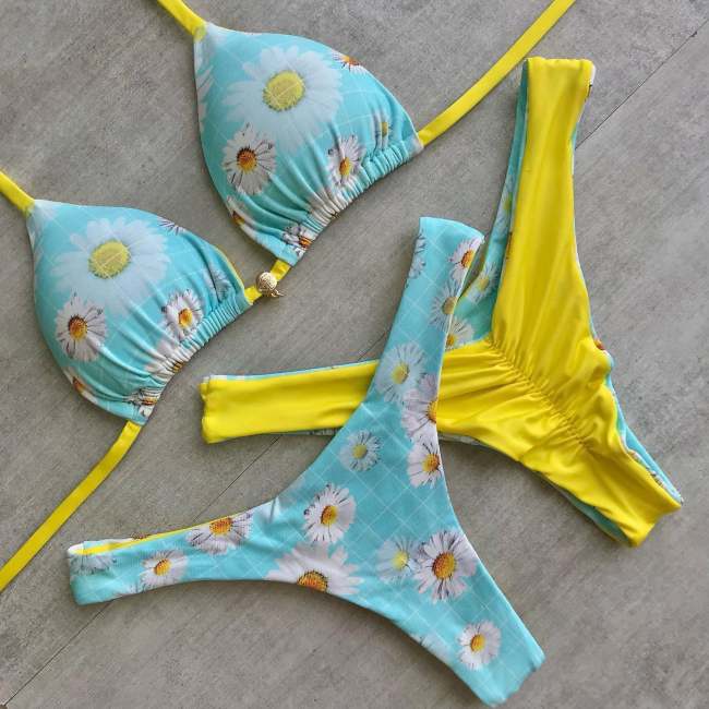 Sunflower pattern strappy two-piece bikini
