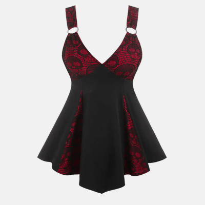 Skeleton Print V-neck Lace Irregular Dress