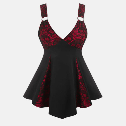 Skeleton Print V-neck Lace Irregular Dress