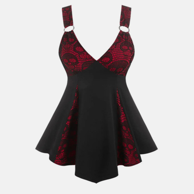 Skeleton Print V-neck Lace Irregular Dress