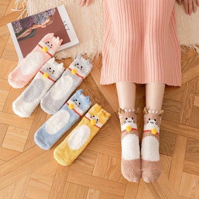 Cute Cartoon Kiity Colorblock Plush Socks Warm