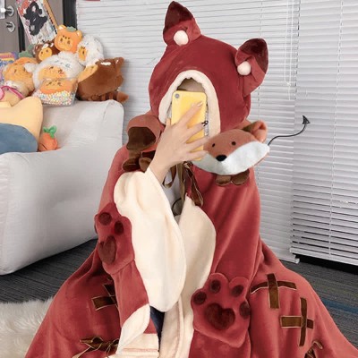 Cartoon Fox Plush Wearable Hooded Blanket Neck Pillow