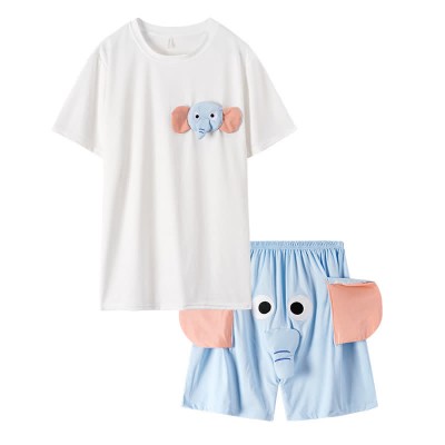 Girlfriend Boyfriend Cartoon Elephant Short Sleeve Pajamas Set