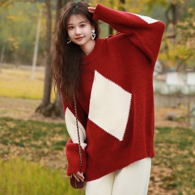Rhombus Print Colorblock Round Collar Knit Sweater