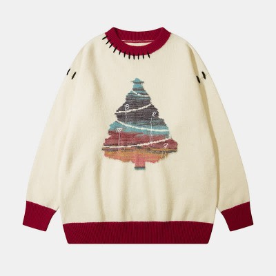 Christmas Tree Print Colorblock Round Collar Knit Sweater