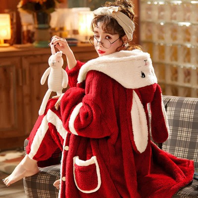 Cartoon Bunny Bowknot Hooded Plush Pajamas Set