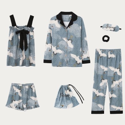 Crane Print Silk Pajamas Seven Pieces Set