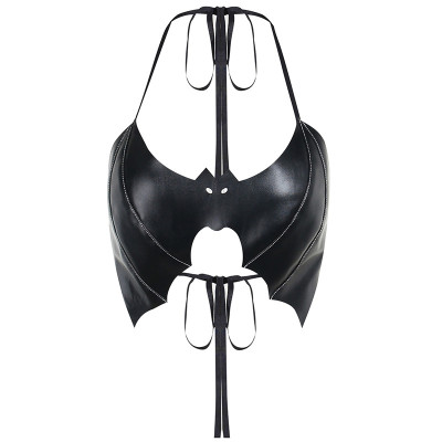 Bat Pattern PU Leather Lace Up Top