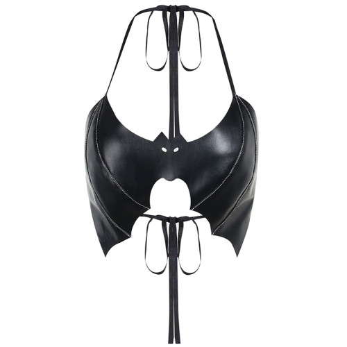 Bat Pattern PU Leather Lace Up Top