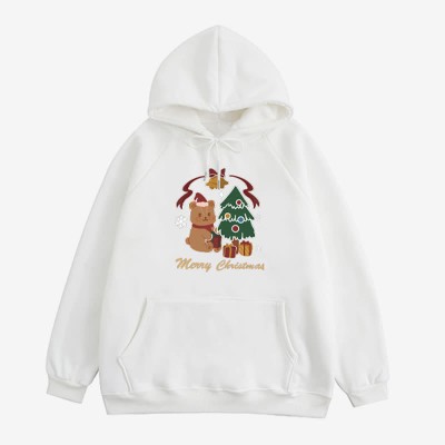 Cartoon Christmas Tree Bear Print Plush Hoodie
