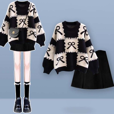 Bow Knot Print Colorblock Sweater Plaid Pleated Skirt Two Pieces Set