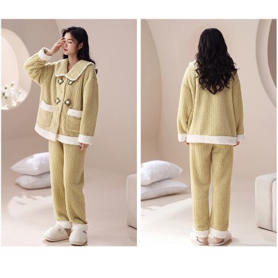 Vintage Buckle Pocketed Lapel Plush Pajamas Set