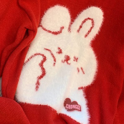 Cartoon Bunny Print Round Collar Red Knit Sweater