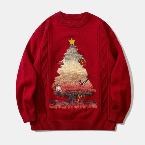 Christmas Tree Letter Print Round Collar Knit Sweater
