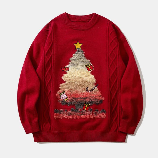 Christmas Tree Letter Print Round Collar Knit Sweater
