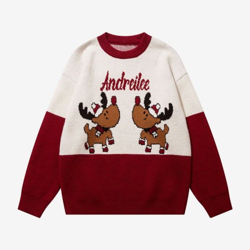 Deer Letter Print Colorblock Round Collar Knit Sweater