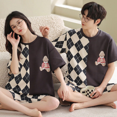 Girlfriend Boyfriend Cartoon Bear Print Colorblock Pajamas Set
