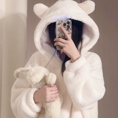 【50% OFF】Cartoon Bear Ears Plush Hooded Pajamas Dress