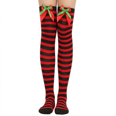 Bow Knot Fuzzy Ball Stripe Christmas Stockings Over the Knee