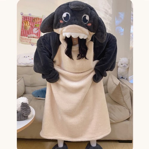 【50% OFF】Funny Cartoon Shark Plush Hooded Jumpsuit Pajamas Dress