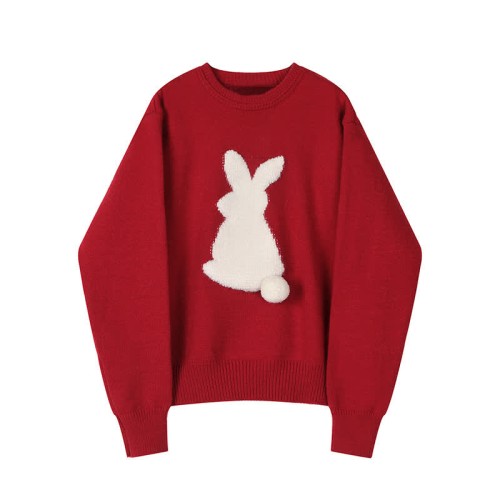 Rabbit Print Round Collar Knit Sweater