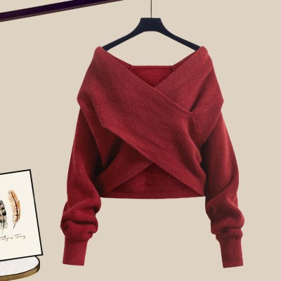 Cross Knit Sweater Lapel Shirt Flared Jeans Three Pieces