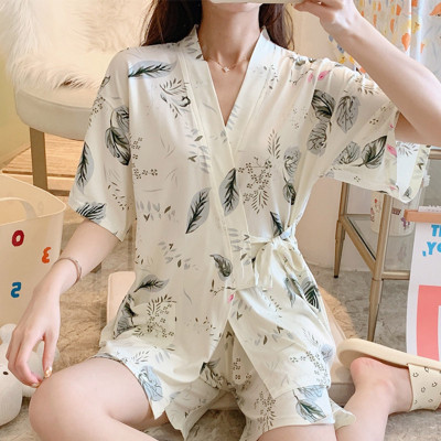 Floral Print Kimono Lace Up Pajamas Set