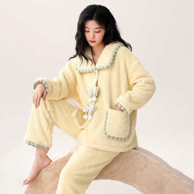 Vintage Buckle Pocketed Lapel Plush Pajamas Set