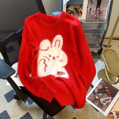 Cartoon Bunny Print Round Collar Red Knit Sweater