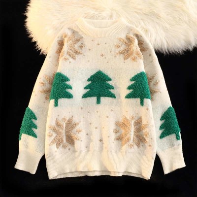 Christmas Tree Snowflake Pattern Round Collar Sweater