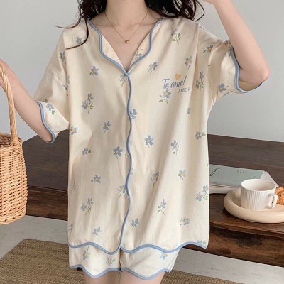 Floral Print Summer Cotton Home Pajamas Set